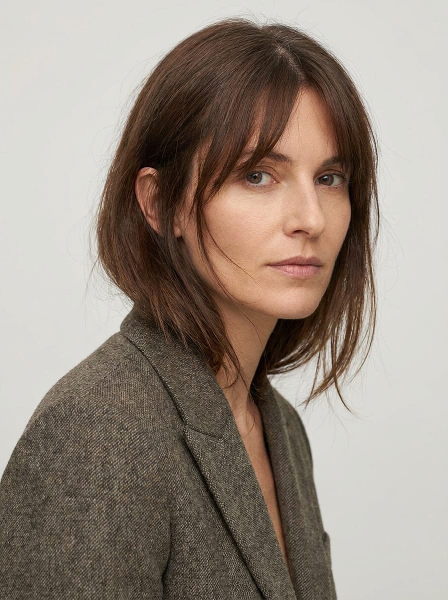 Stufenschnitt mit Curtain Bangs für feineres Haar - Mittellanger Stufenschnitt mit Curtain Bangs